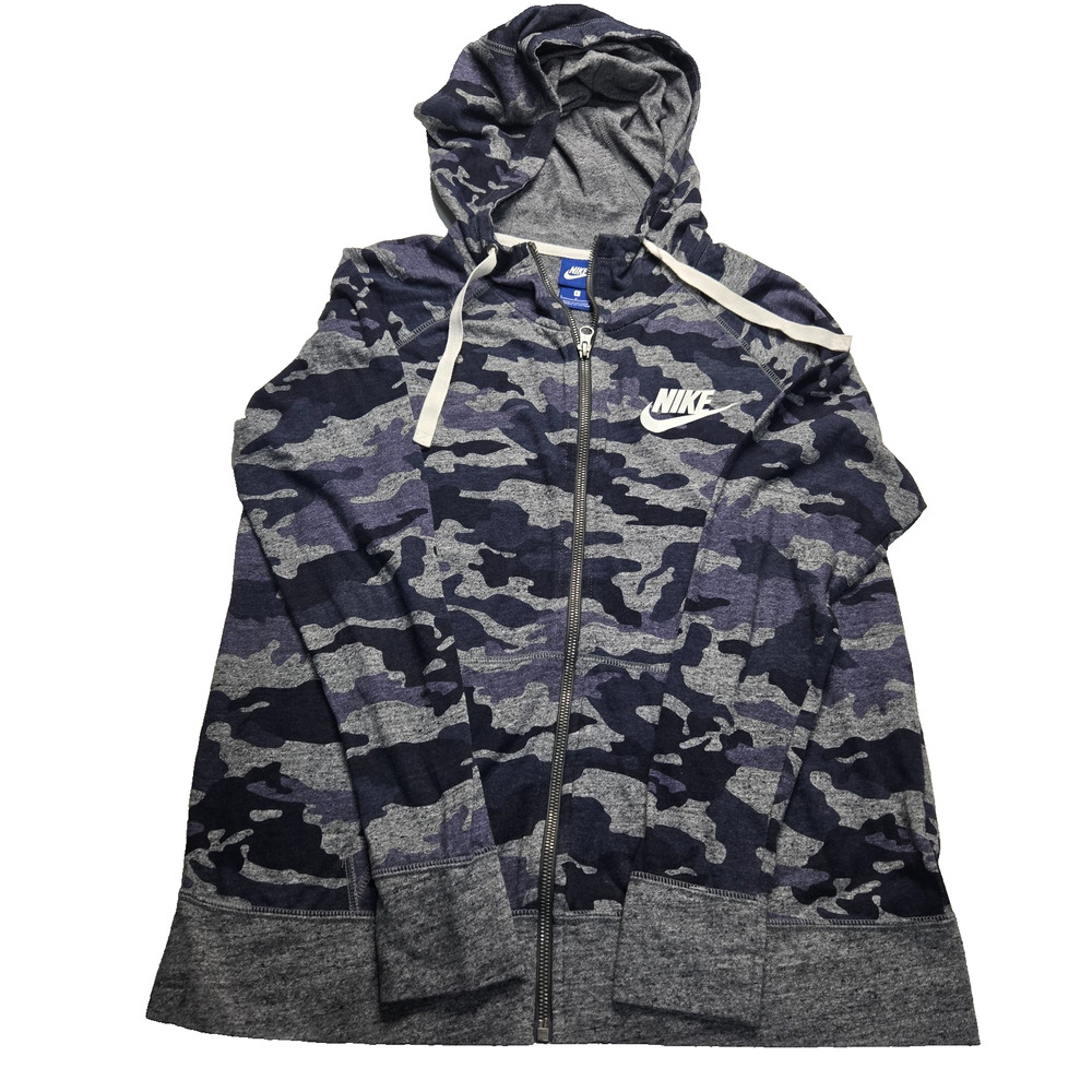 Nike Camo Full Zip Womans Hoodie Organic Cotton/Poly Blue/Grey Gym Running Sz L
